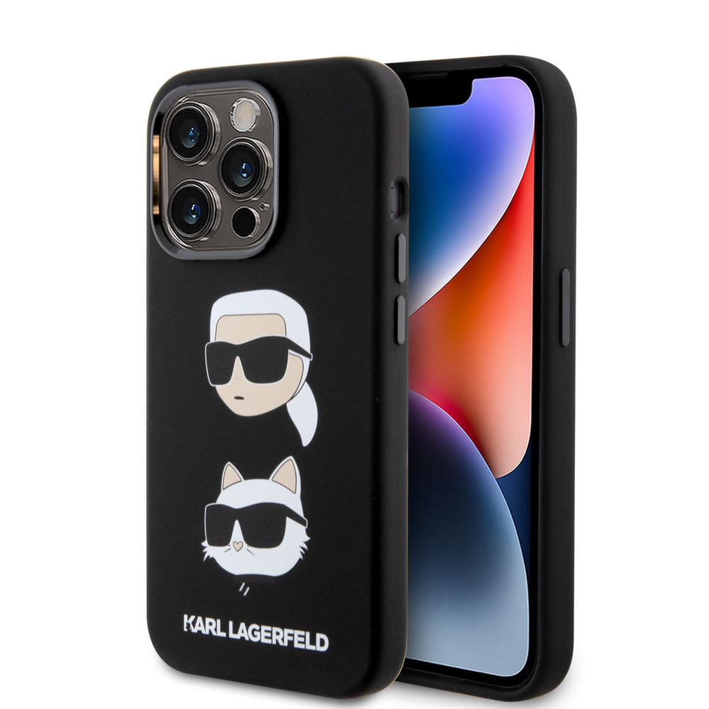 Zwart Karl Lagerfeld telefoonhoesje met hoofden van Karl en Choupette, voor- en achterkant op een telefoon