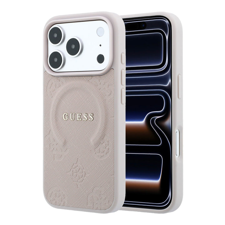 Lichtgekleurd Guess telefoonhoesje met ingedrukt ringpatroon en schriftlogo, voor- en achterkant op een telefoon