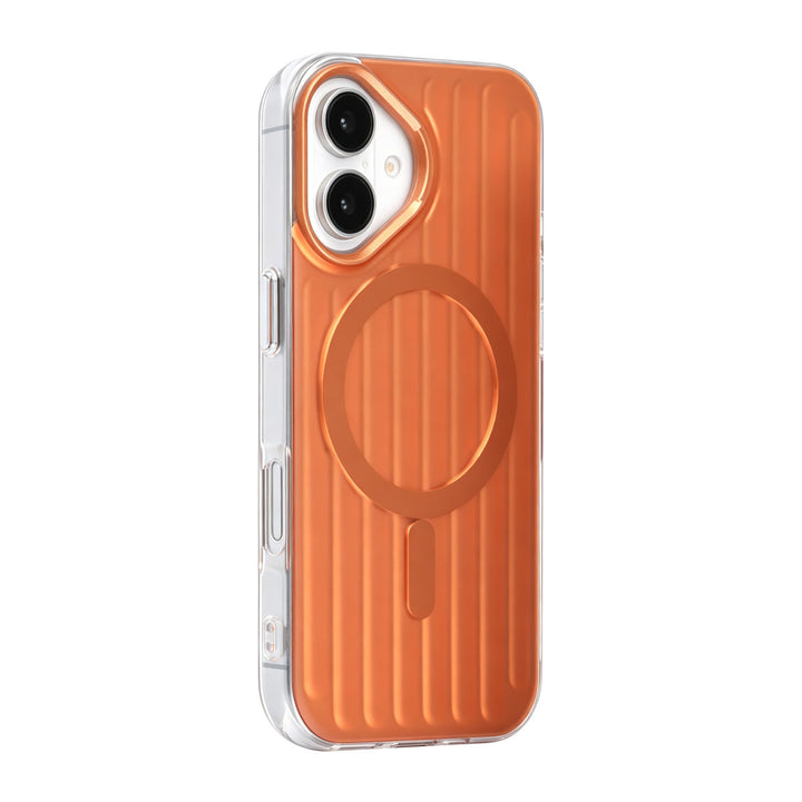 Oranje TUNIQ telefoonhoesje met verticale ribbels en ring, van achteren op een telefoon