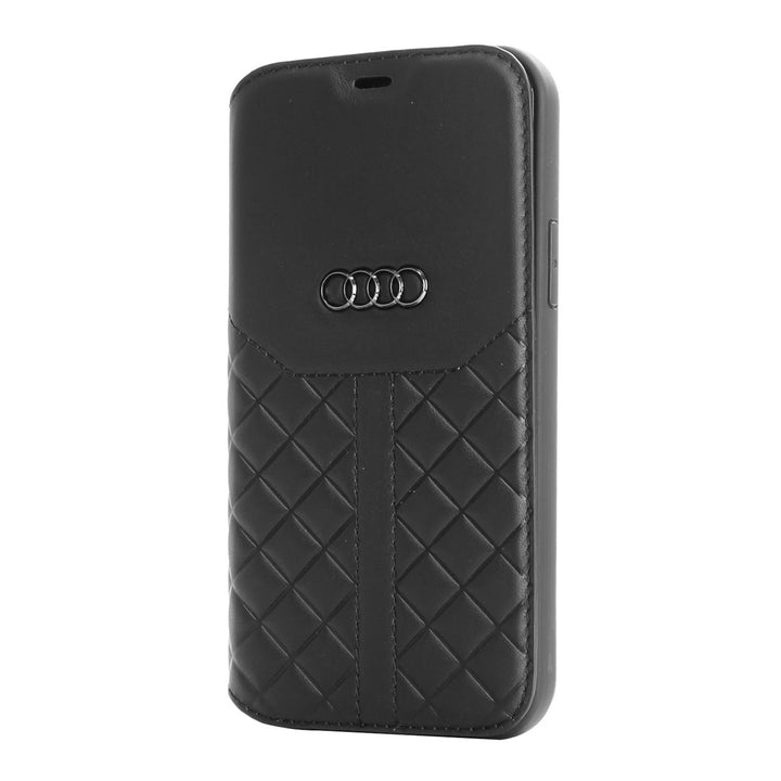 Zwart Audi bookcase-telefoonhoesje met ruitpatroon en Audi-logo, gesloten