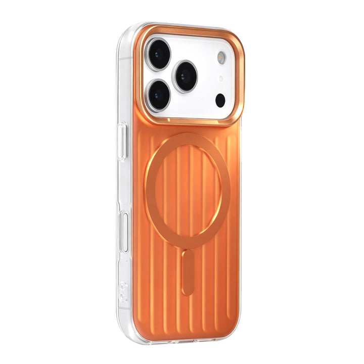 Oranje TUNIQ telefoonhoesje met verticale ribbels en ring, van achteren op een telefoon