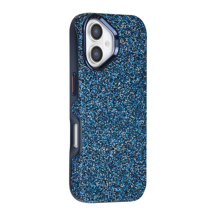 Blauw TUNIQ telefoonhoesje met glitters, van achteren op een telefoon