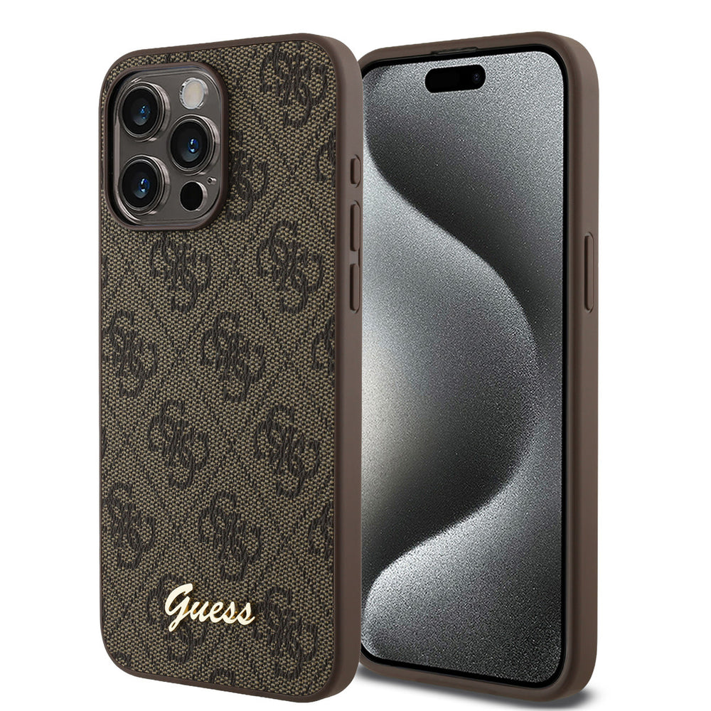 Bruin Guess telefoonhoesje met 4G-patroon en goudkleurig schriftlogo, voor- en achterkant op een telefoon