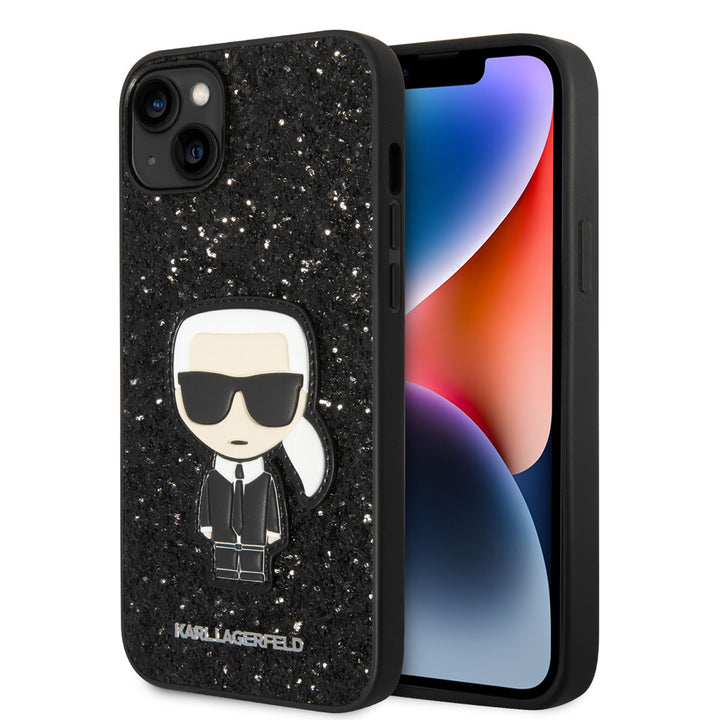 Zwart Karl Lagerfeld telefoonhoesje met glitters en Karl-figuur, voor- en achterkant op een telefoon