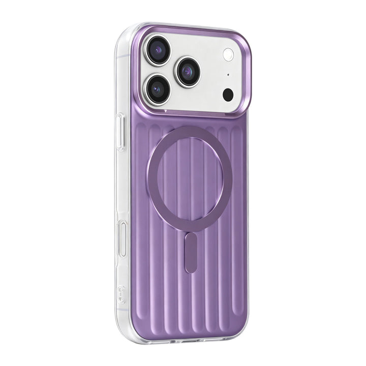 Paars TUNIQ telefoonhoesje met verticale ribbels en ring, van achteren op een telefoon