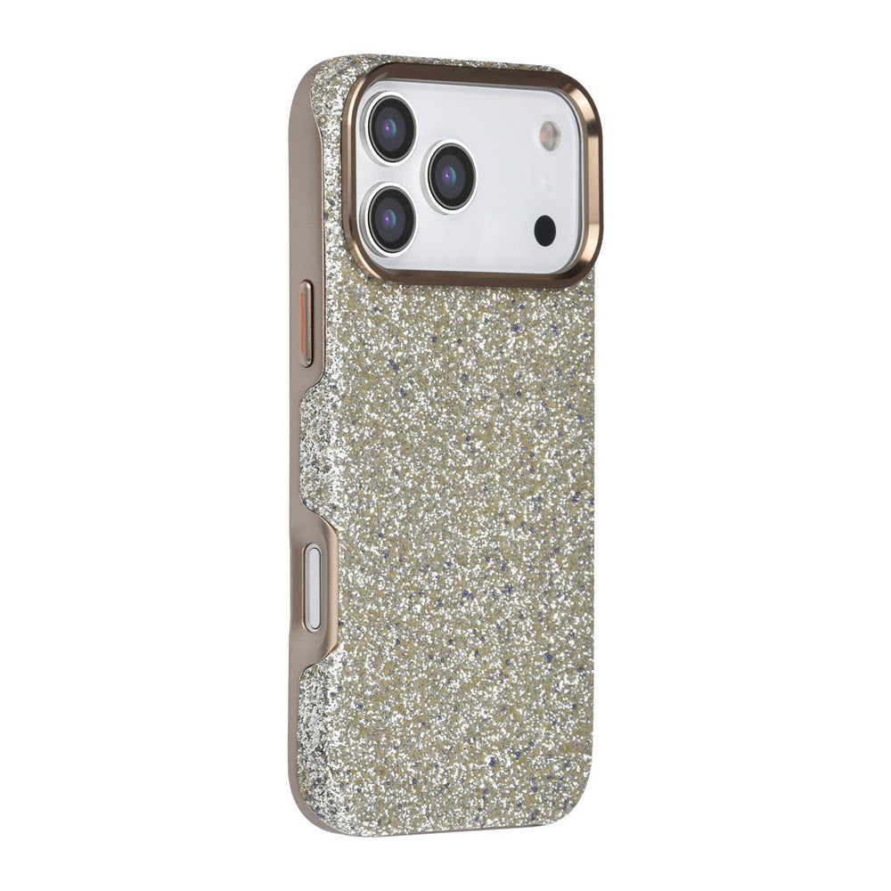 TUNIQ telefoonhoesje met lichte glitters en goudkleurige rand, van achteren op een telefoon