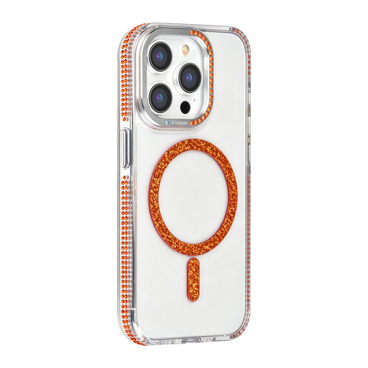 Transparant TUNIQ telefoonhoesje met oranje glitterring en rand, van achteren op een telefoon