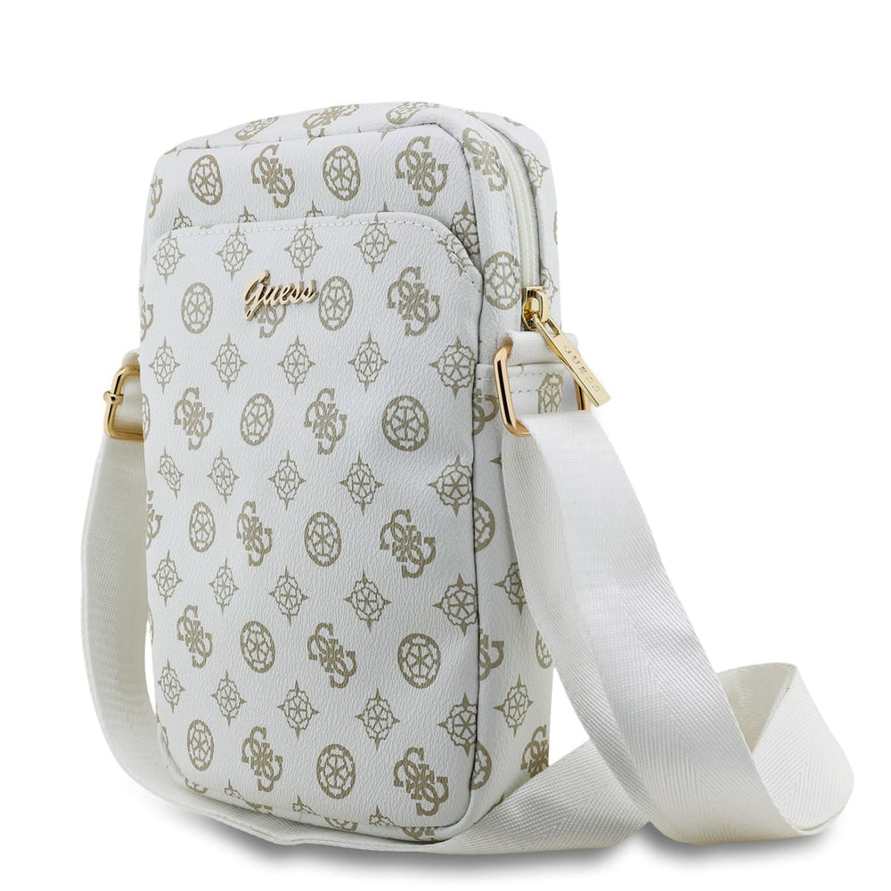Witte Guess tablettas met 4G-patroon, schriftlogo en schouderriem schuin van voren