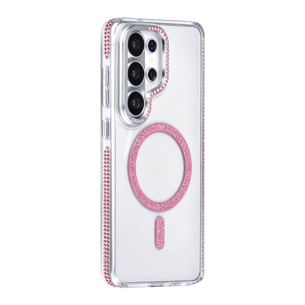 Transparant TUNIQ telefoonhoesje met roze glitterring en rand, van achteren op een telefoon