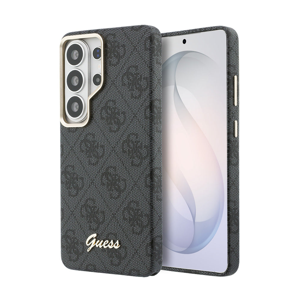 Zwart Guess telefoonhoesje met 4G-patroon en goudkleurig schriftlogo, voor- en achterkant op een telefoon