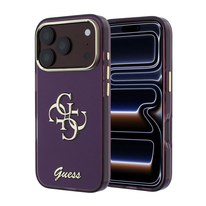 Bordeauxkleurig Guess telefoonhoesje met 4G-logo en schriftlogo, voor- en achterkant op een telefoon