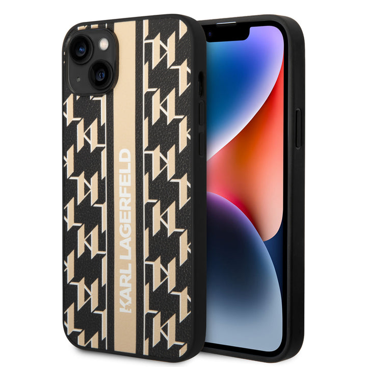 Karl Lagerfeld telefoonhoesje met goudkleurig monogram en verticale logostrook, voor- en achterkant op een telefoon