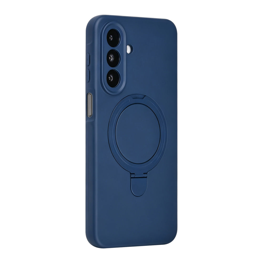 Donkerblauw TUNIQ telefoonhoesje met ringstandaard, van achteren op een telefoon