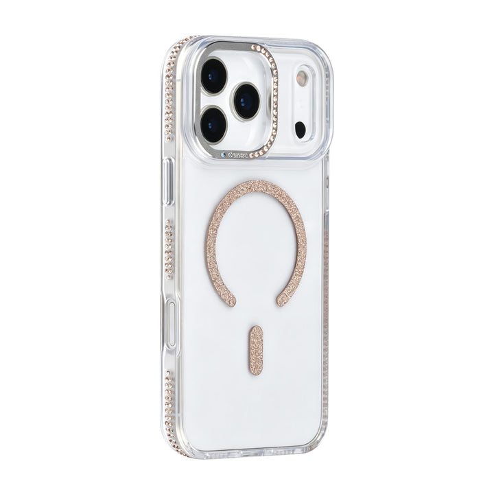 Transparant TUNIQ telefoonhoesje met goudkleurige glitters langs de rand en gebogen ring, van achteren op een telefoon
