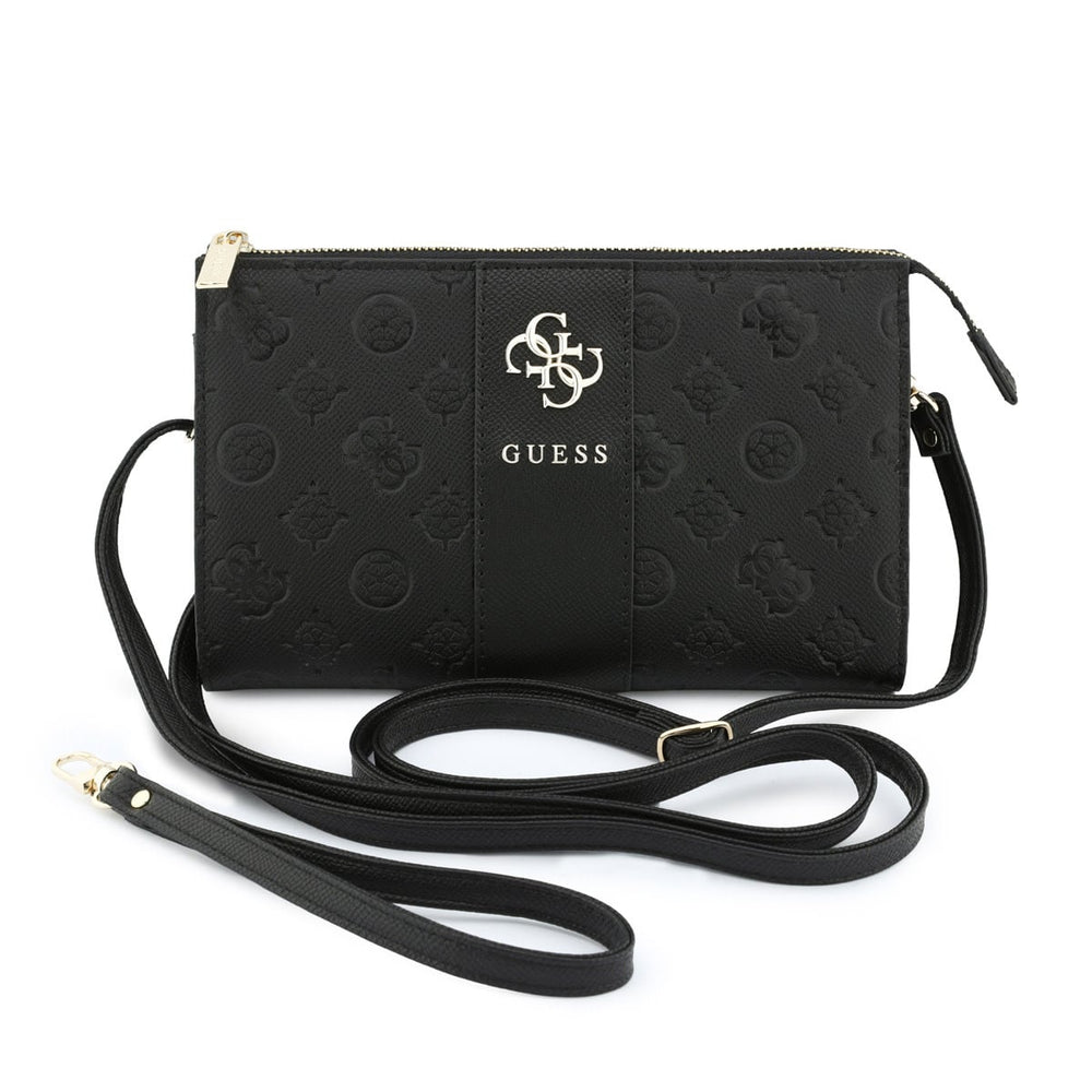 Zwarte Guess telefoontas met verticale patroonbanen en 4G-logo, rits en schouderriem