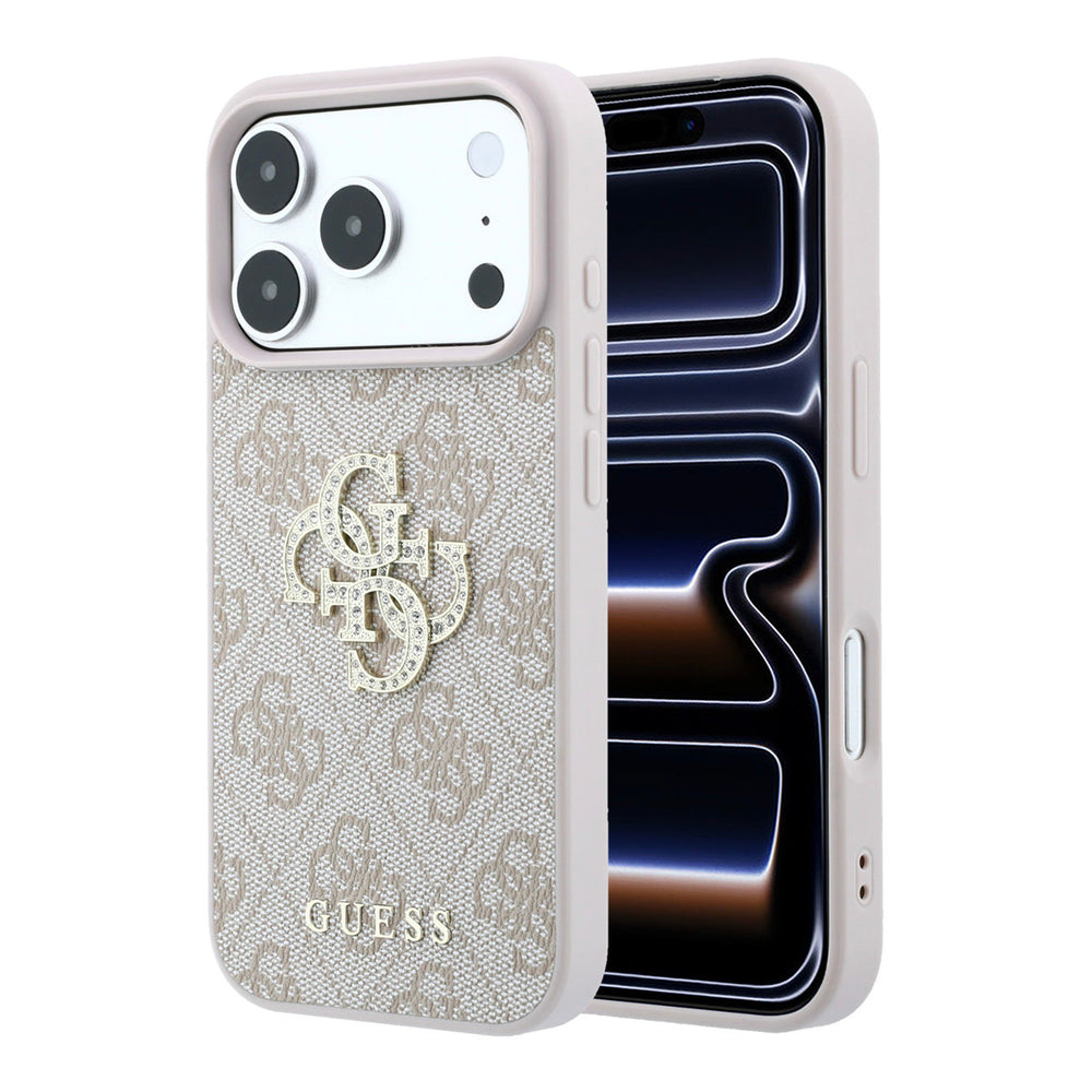Lichtgekleurd Guess telefoonhoesje met 4G-patroon en groot strasslogo, voor- en achterkant op een telefoon