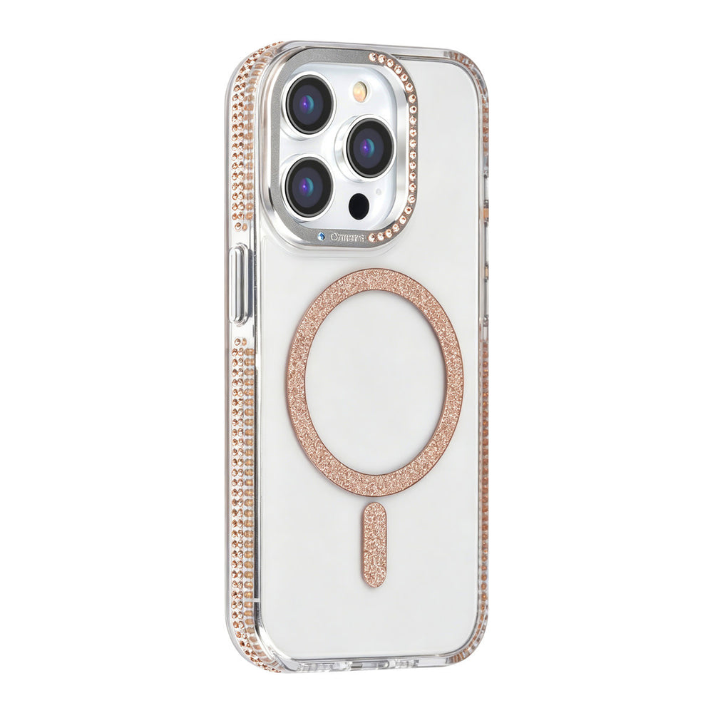 Transparant TUNIQ telefoonhoesje met goudkleurige glitterring en rand, van achteren op een telefoon