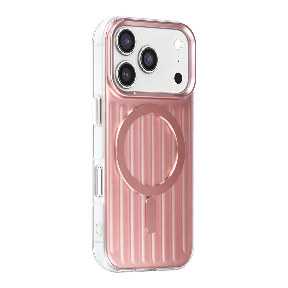 Roze TUNIQ telefoonhoesje met verticale ribbels en ring, van achteren op een telefoon