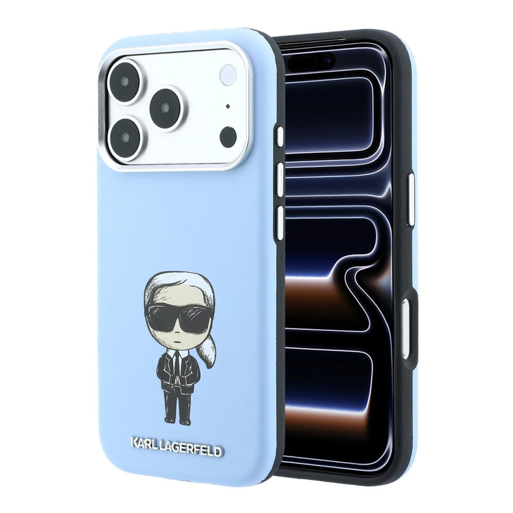 Lichtblauw Karl Lagerfeld telefoonhoesje met figuur van Karl, voor- en achterkant op een telefoon