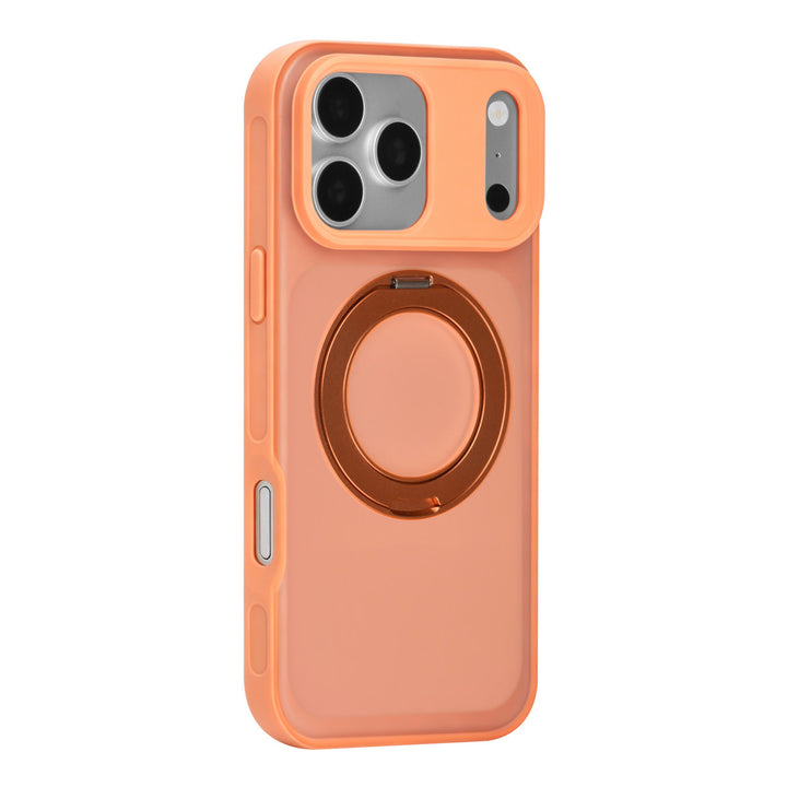 Oranje TUNIQ telefoonhoesje met glanzende ringstandaard, van achteren op een telefoon