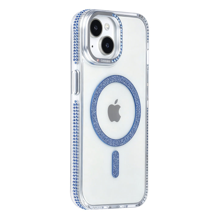 Transparant TUNIQ telefoonhoesje met blauwe glitterring en rand, van achteren op een telefoon