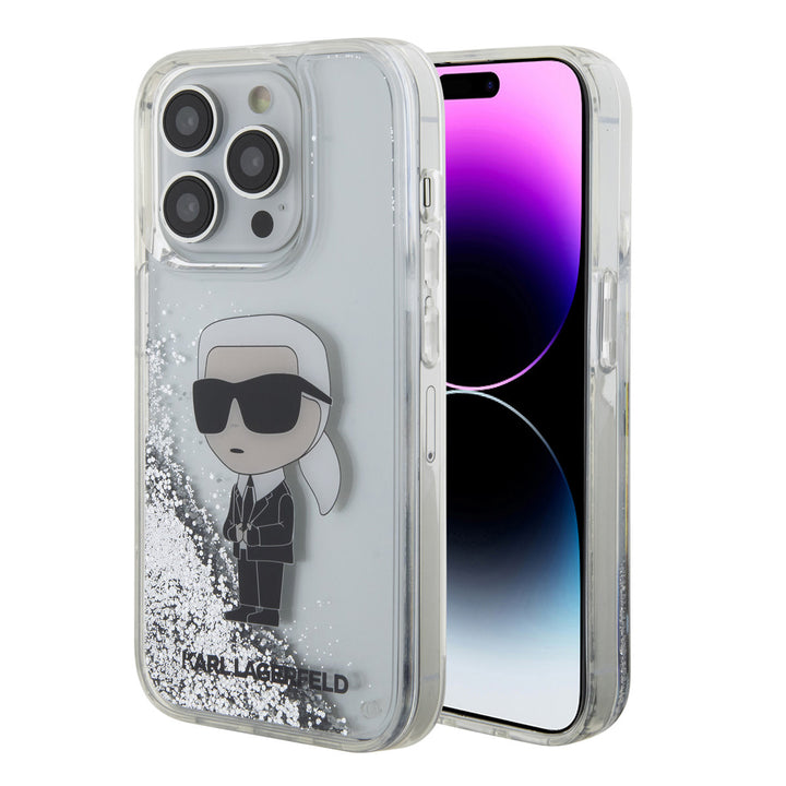 Transparant Karl Lagerfeld telefoonhoesje met zilverkleurige glitters en Karl-figuur, voor- en achterkant op een telefoon