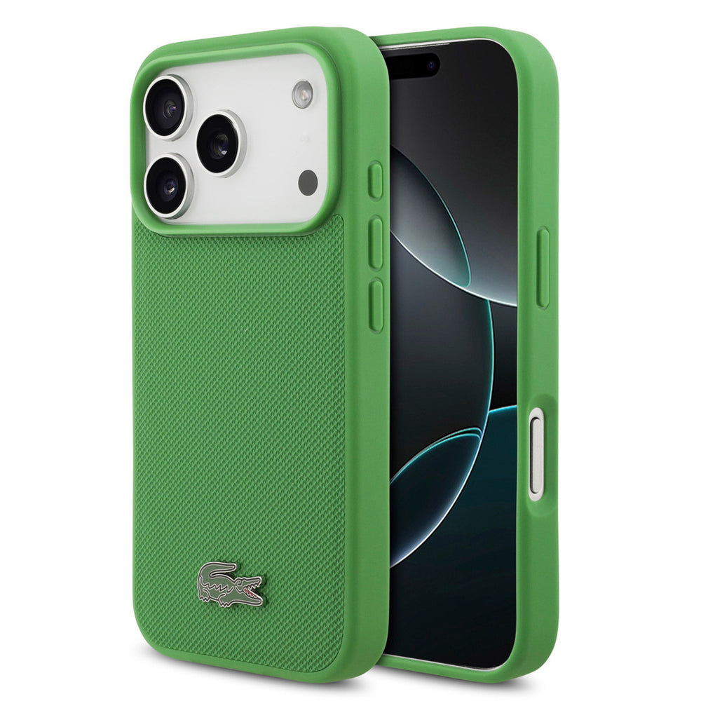 Groen Lacoste telefoonhoesje met krokodillenlogo, voor- en achterkant op een telefoon