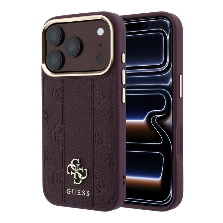 Bordeauxkleurig Guess telefoonhoesje met verticale patroonbanen en klein 4G-logo, voor- en achterkant op een telefoon