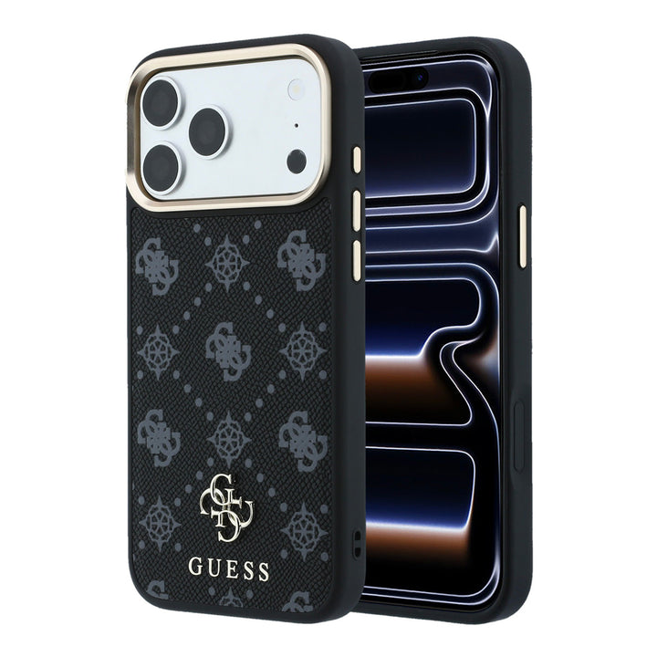 Zwart Guess telefoonhoesje met bloemenpatroon en klein 4G-logo, voor- en achterkant op een telefoon
