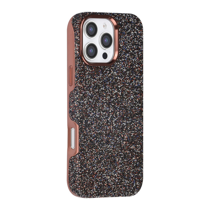 Bruin TUNIQ telefoonhoesje met glitters, van achteren op een telefoon