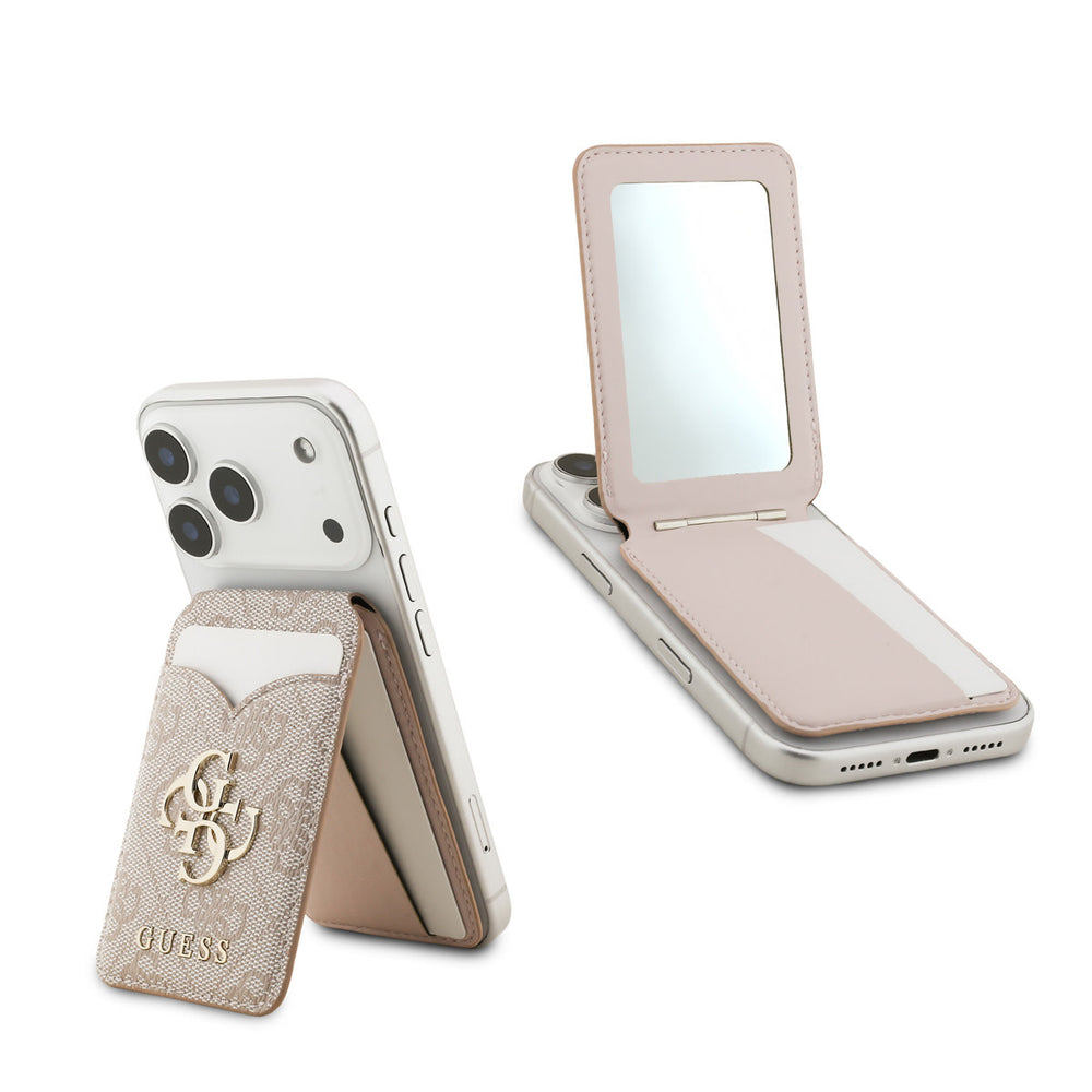Roze Guess pasjeshouder als telefoonstandaard en geopend met spiegel