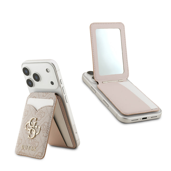 Roze Guess pasjeshouder als telefoonstandaard en geopend met spiegel