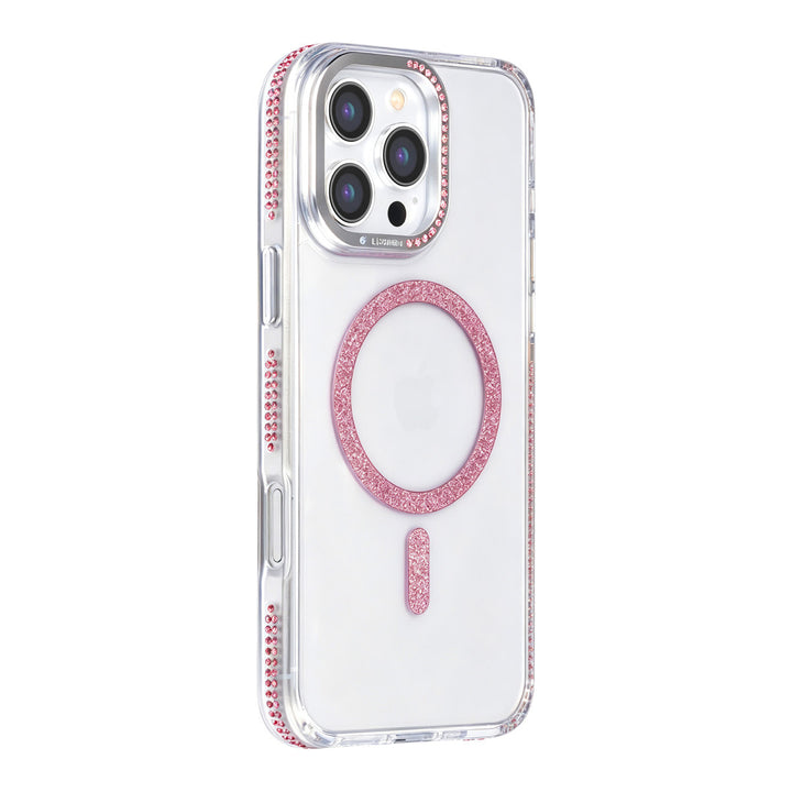 Transparant TUNIQ telefoonhoesje met roze glitterring en rand, van achteren op een telefoon