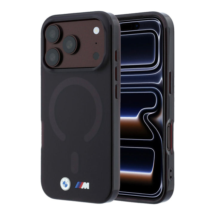 Zwart BMW telefoonhoesje met ringmarkering en M-logo, voor- en achterkant op een telefoon