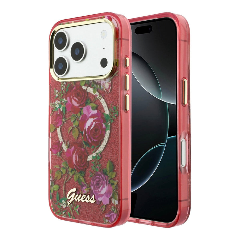 Rood Guess telefoonhoesje met rozenprint, glitters, ring en schriftlogo, voor- en achterkant op een telefoon
