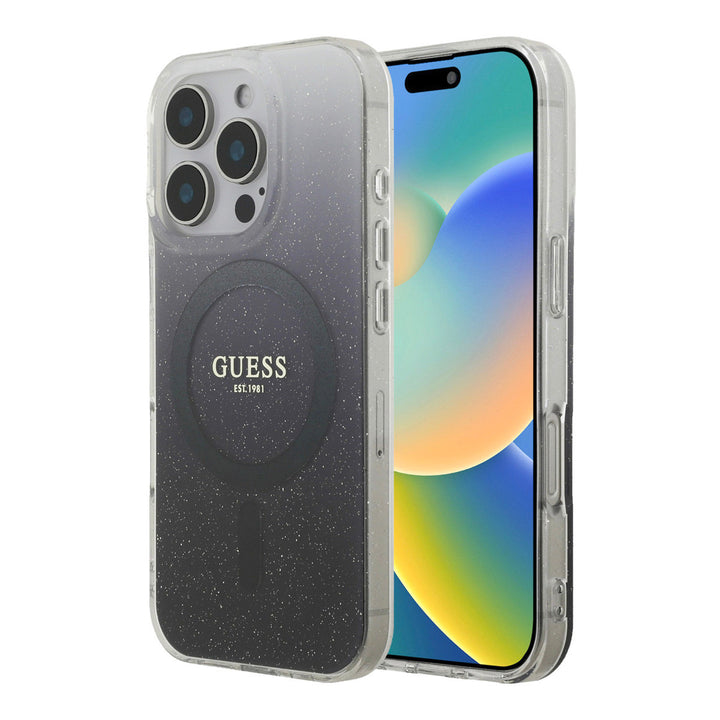 Guess telefoonhoesje met grijs-zwart kleurverloop, glitters en ring, voor- en achterkant op een telefoon