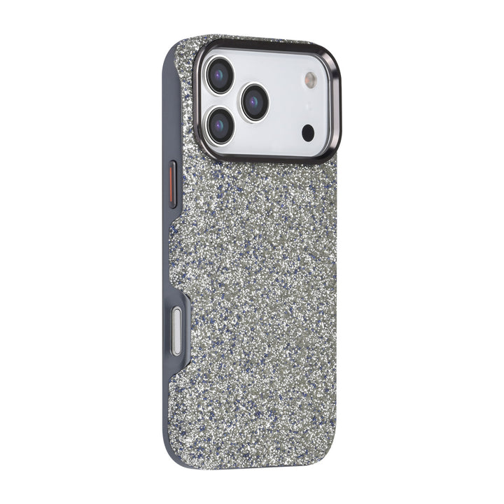 Grijs TUNIQ telefoonhoesje met glitters, van achteren op een telefoon