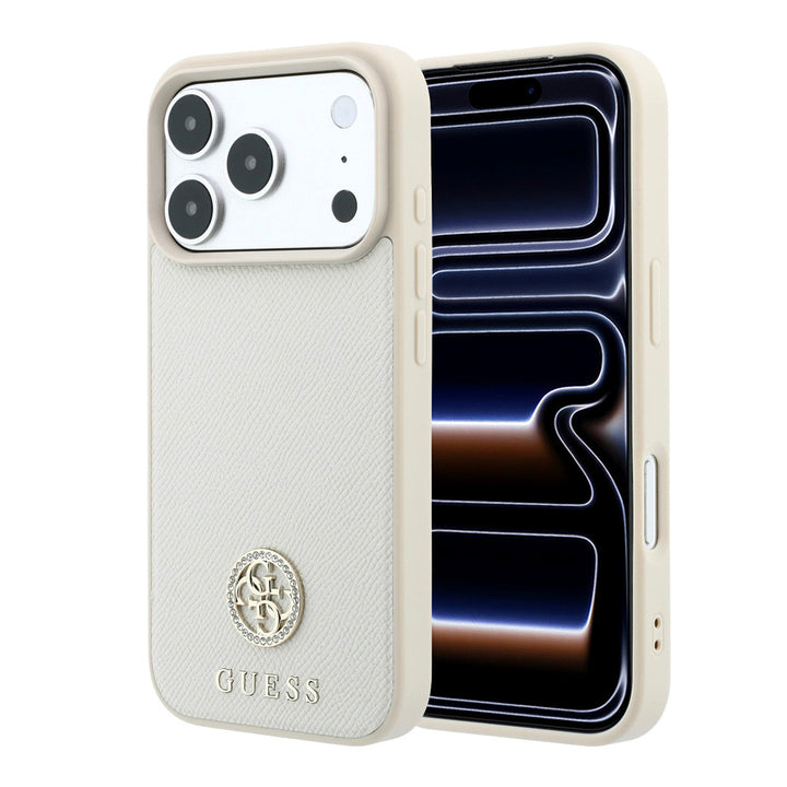 Beige Guess telefoonhoesje met rond logo, voor- en achterkant op een telefoon