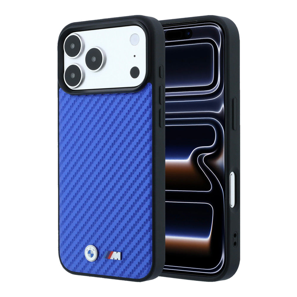 Blauw BMW telefoonhoesje met diagonaal patroon, zwarte rand en M-logo, voor- en achterkant op een telefoon