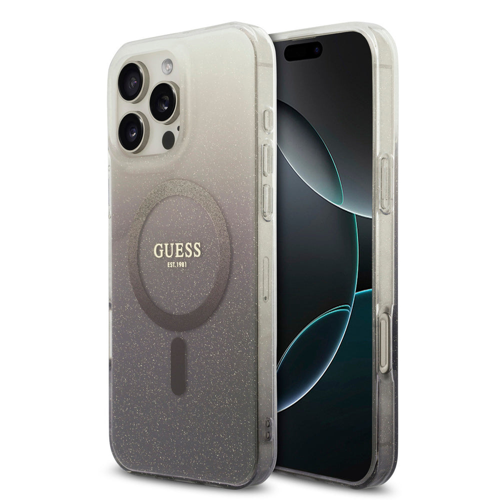 Guess telefoonhoesje met grijs-zwart kleurverloop, glitters en ring, voor- en achterkant op een telefoon