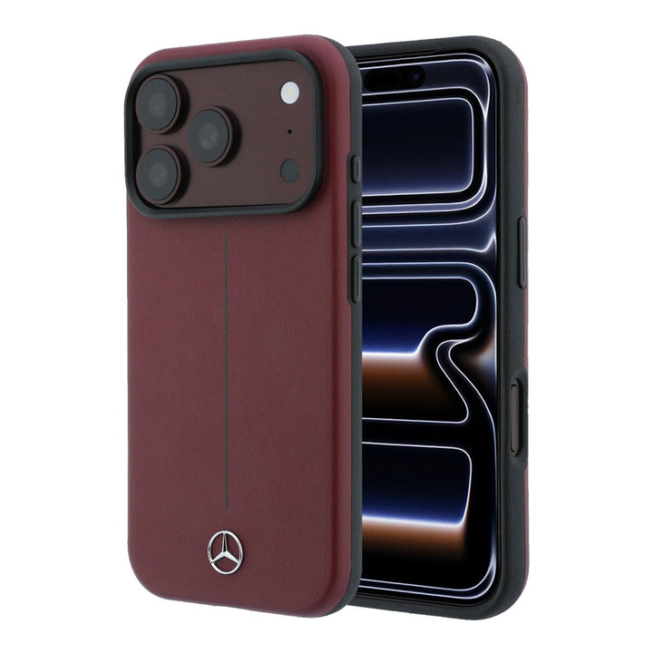 Bordeauxrood Mercedes-Benz telefoonhoesje met verticale lijn en sterrenlogo, voor- en achterkant op een telefoon