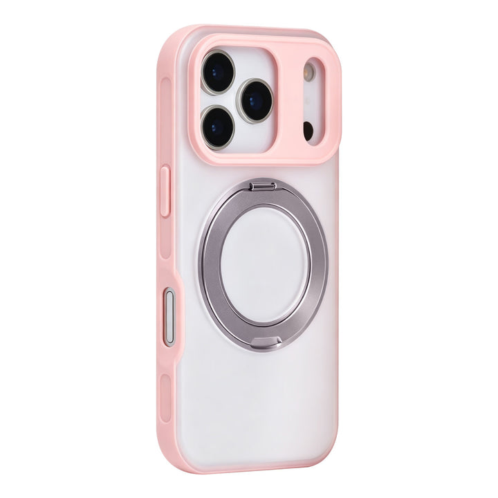 Roze TUNIQ telefoonhoesje met glanzende ringstandaard, van achteren op een telefoon