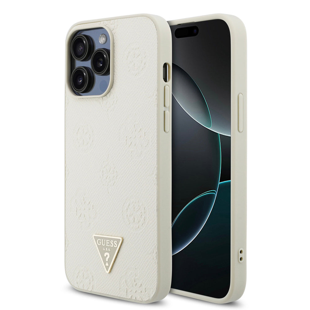 Beige Guess telefoonhoesje met bloemenpatroon en driehoekslogo, voor- en achterkant op een telefoon