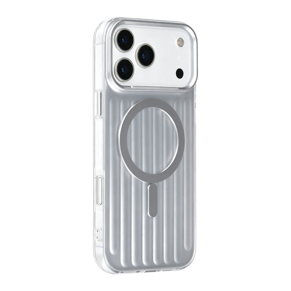 Zilverkleurig TUNIQ telefoonhoesje met verticale ribbels en ring, van achteren op een telefoon
