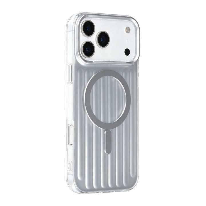 Zilverkleurig TUNIQ telefoonhoesje met verticale ribbels en ring, van achteren op een telefoon