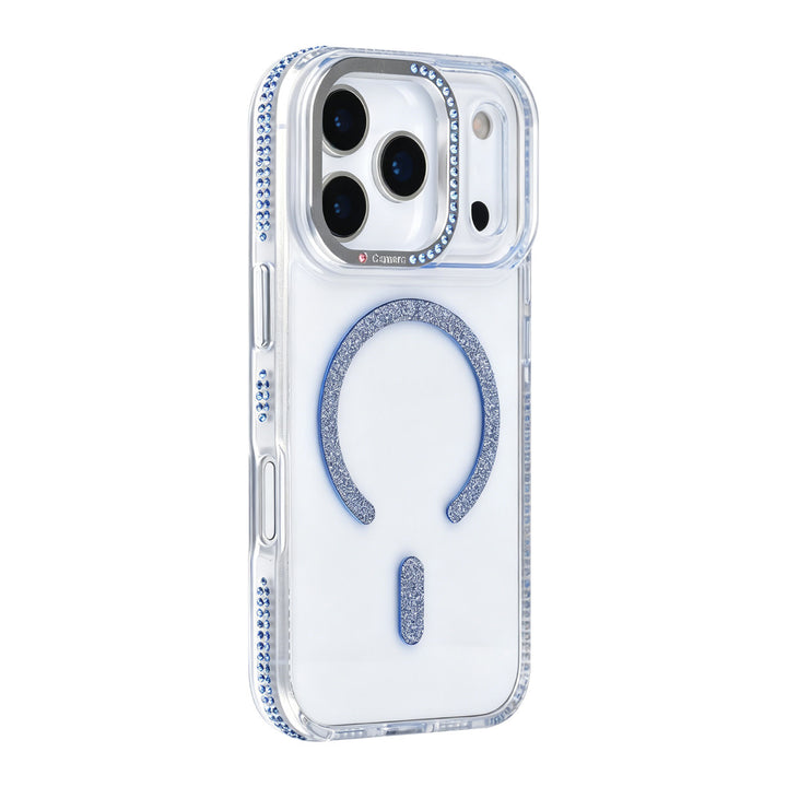 Transparant TUNIQ telefoonhoesje met blauwe glitters langs de rand en gebogen ring, van achteren op een telefoon