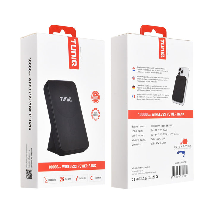 Voor- en achterkant van verpakking van zwarte TUNIQ powerbank