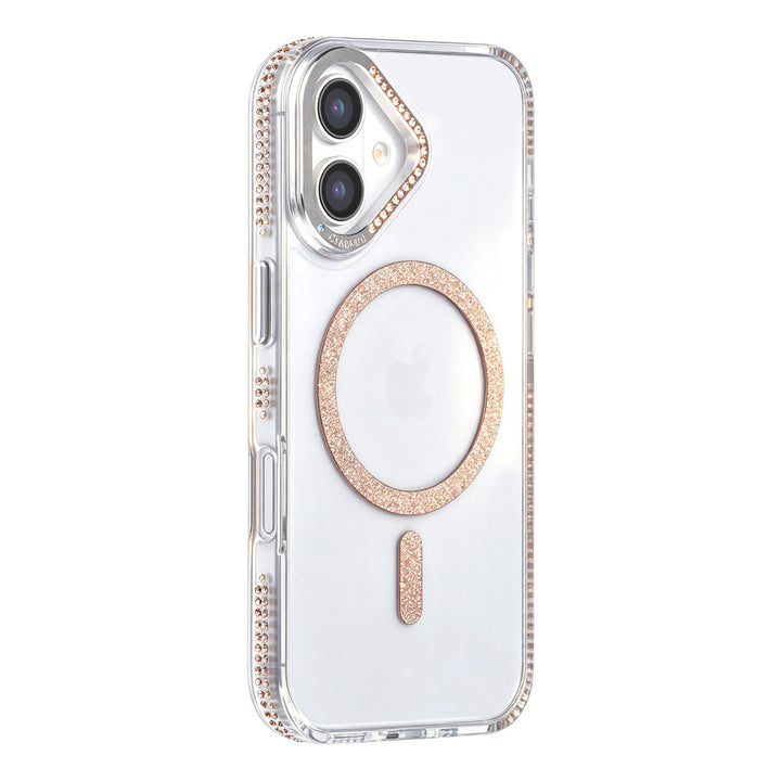 Transparant TUNIQ telefoonhoesje met goudkleurige glitterring en rand, van achteren op een telefoon