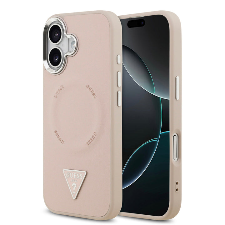 Roze Guess telefoonhoesje met ringmarkering en driehoekslogo, voor- en achterkant op een telefoon