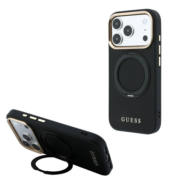 Zwart Guess telefoonhoesje met ringstandaard, staand en horizontaal als telefoonsteun